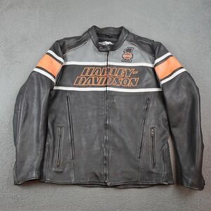 Harley-Davidson Jacket Mens 2XL Black Leather Motorcycle Full Zip Racing Stripe